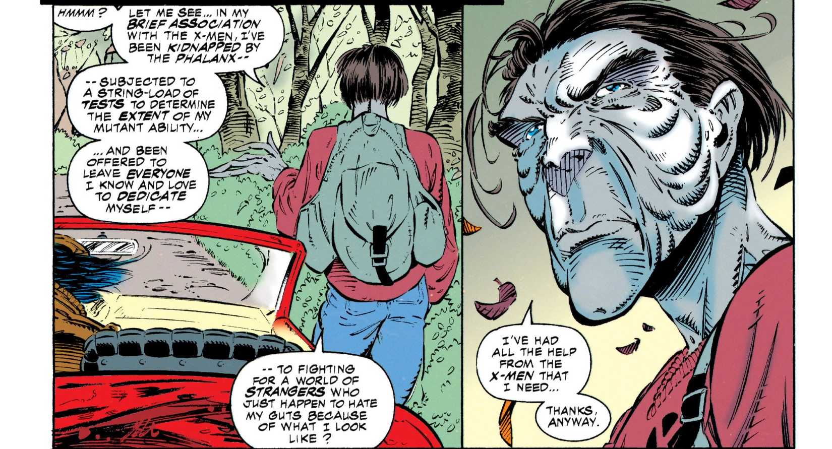 Comic book panels: Skin Leaves the X-Men after almost dying a few times.