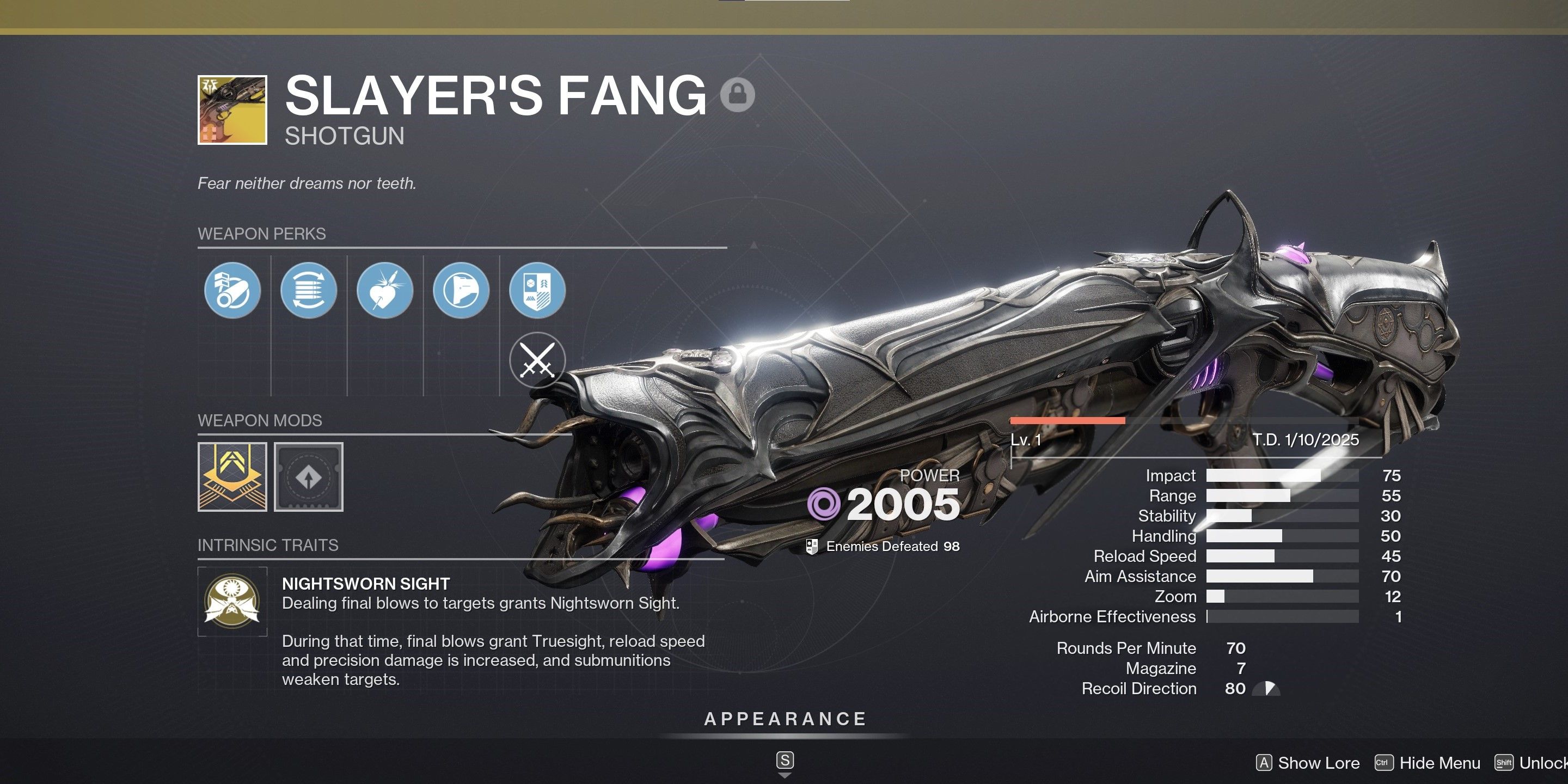 Slayer's Fang Shotgun Information Screen in Destiny 2