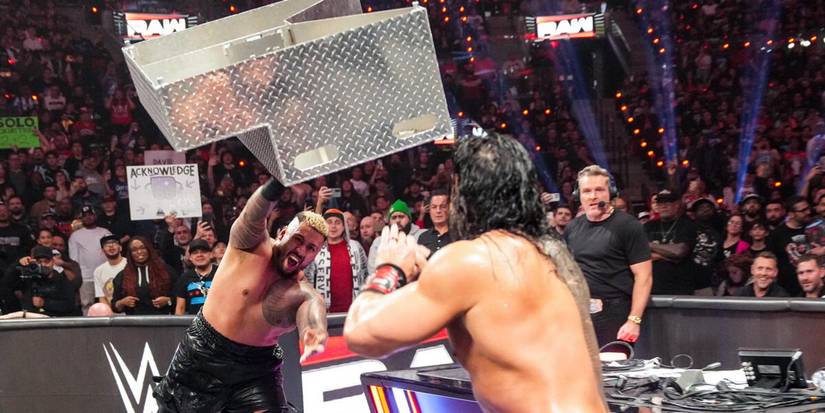 Solo Sikoa throws steel steps at Roman Reigns in Tribal Combat in WWE's Netflix premiere episode of Monday Night Raw-1