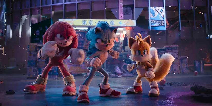 Knuckles, Sonic, and Tails in fighting stances in Sonic the Hedgehog 3