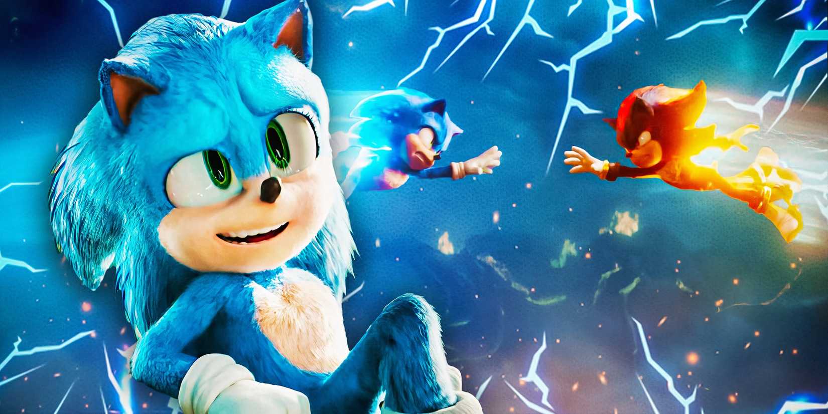 An edited image of Sonic smiling next to him and Shadow fighting in Sonic the Hedgehog 3.