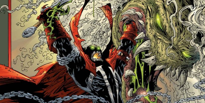 Comic book art: Spawn triumphant over a demon