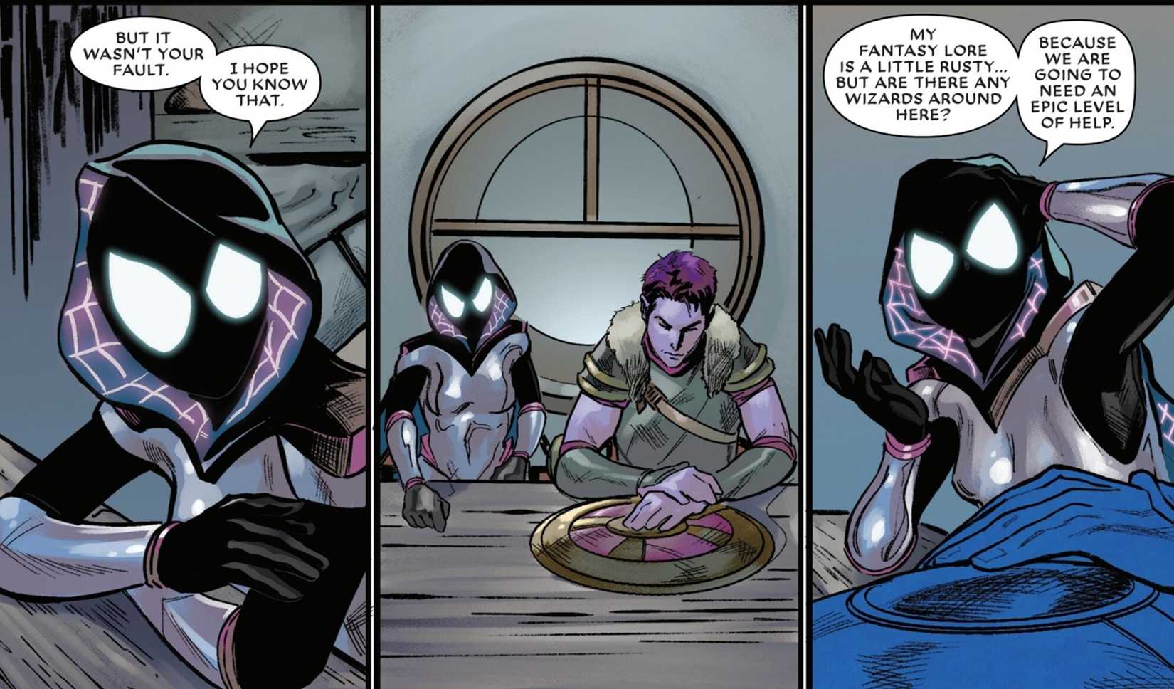 Spider-Gwen sits at a table with adventurer Erebin. 