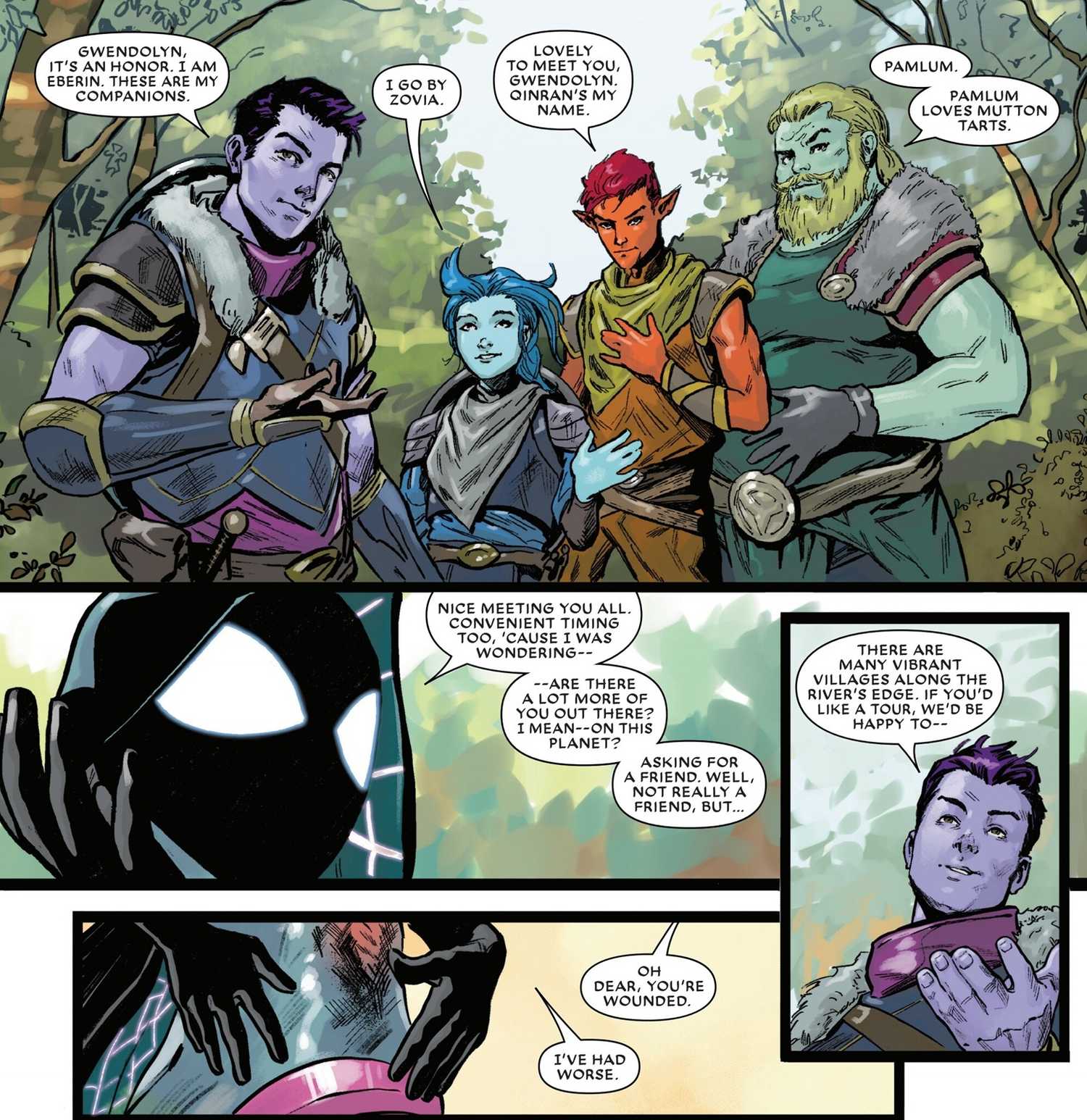 A group of colorful fantasy adventurers introduce themselves to Spider-Gwen.
