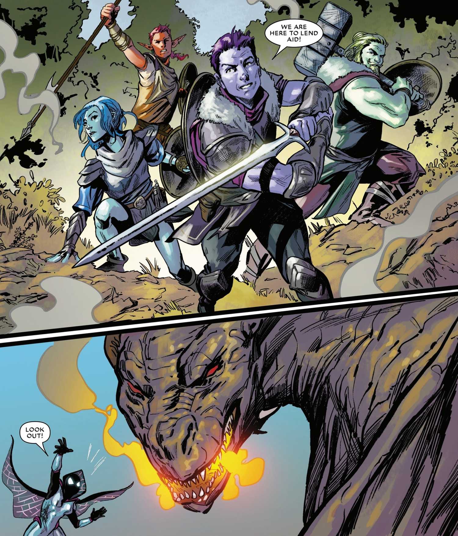 A group of fighters in fantasy garb run toward Spider-Gwen and a dragon. 