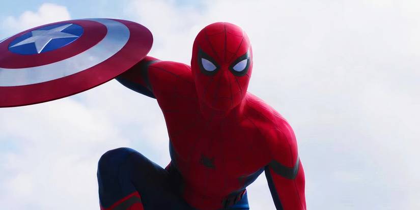 Spider-Man making his entrance with Captain America's shield in Captain America Civil War