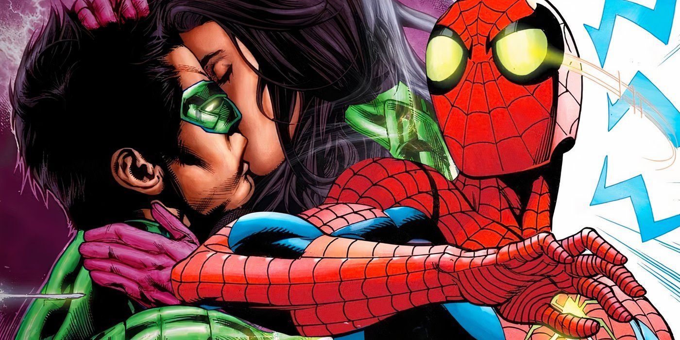 Spider-Man with Green Lantern kissing Star Sapphire in the background
