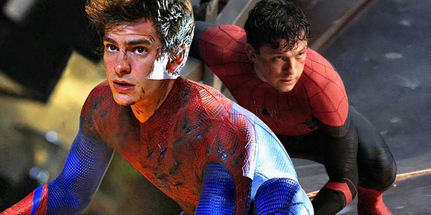 Split image of andrew garfield and tom holland's spider-man crouched