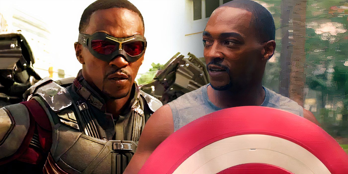 Split image of Anthony Mackie's Falcon on the left, Mackie's Sam Wilson with the Captain America shield in Falcon & The Winter Soldier (2021) on the right