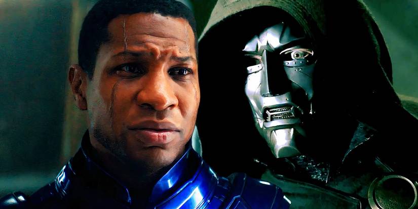 Split image of Kang looking sad in quantumania and doom looking angry in fantastic four 2005
