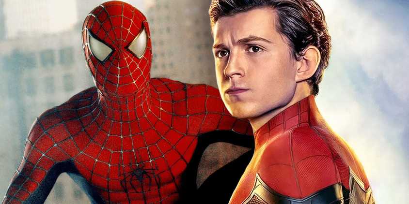 Split image of Tobey Maguire's Spider-Man in promotional photos on the left, Tom Holland's Peter Parker in his Spider-Man suit in MCU promotional photos on the right