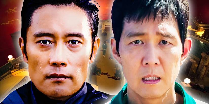 An edited image of Gi-hun and The Front Man in Squid Game.