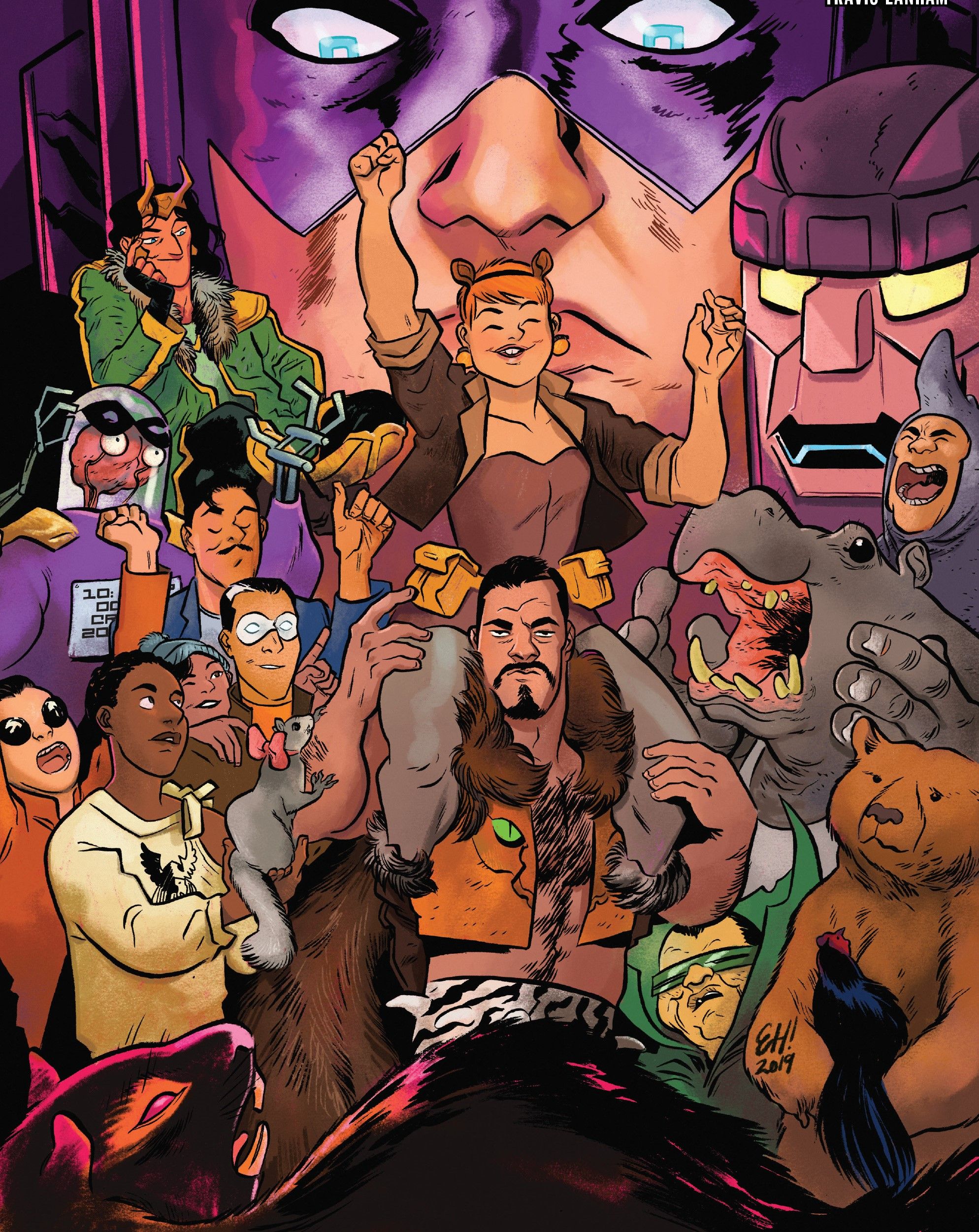 Squirrel Girl surrounded by her friends and various villains.