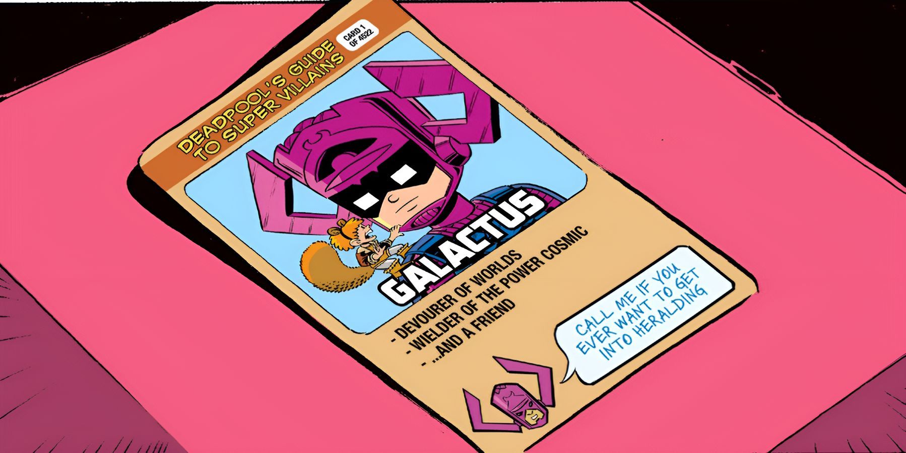 A galactus training card presented to the squirrel girl.