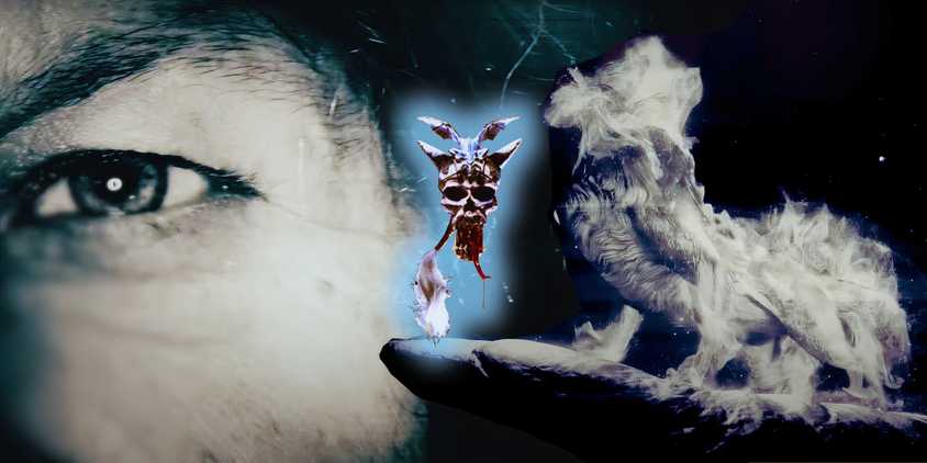 A greyscale closeup of an eye; a glowing, bloody-mouthed skull; a wolf made of flames howling
