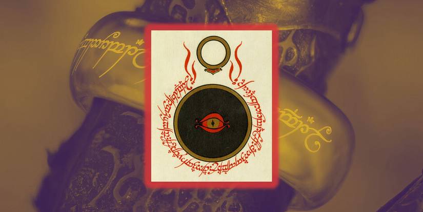 Tolkien's original sketch of the One Ring inscription imposed over an image of the One Ring on Sauron's finger