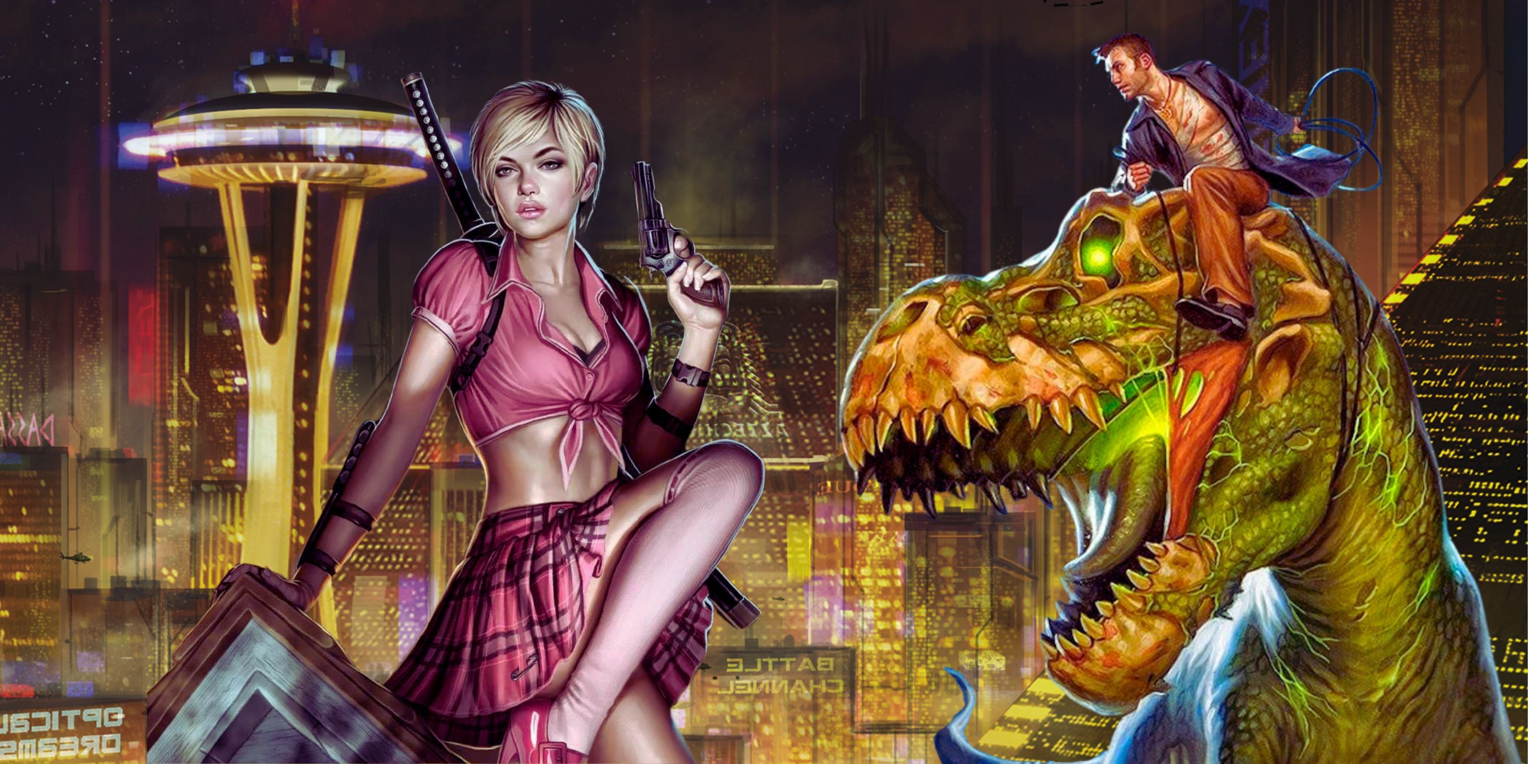 Verity Price looking scandalous and Harry Dresden riding a zombie tyrannosaur over a cityscape of Seattle from Shadowrun