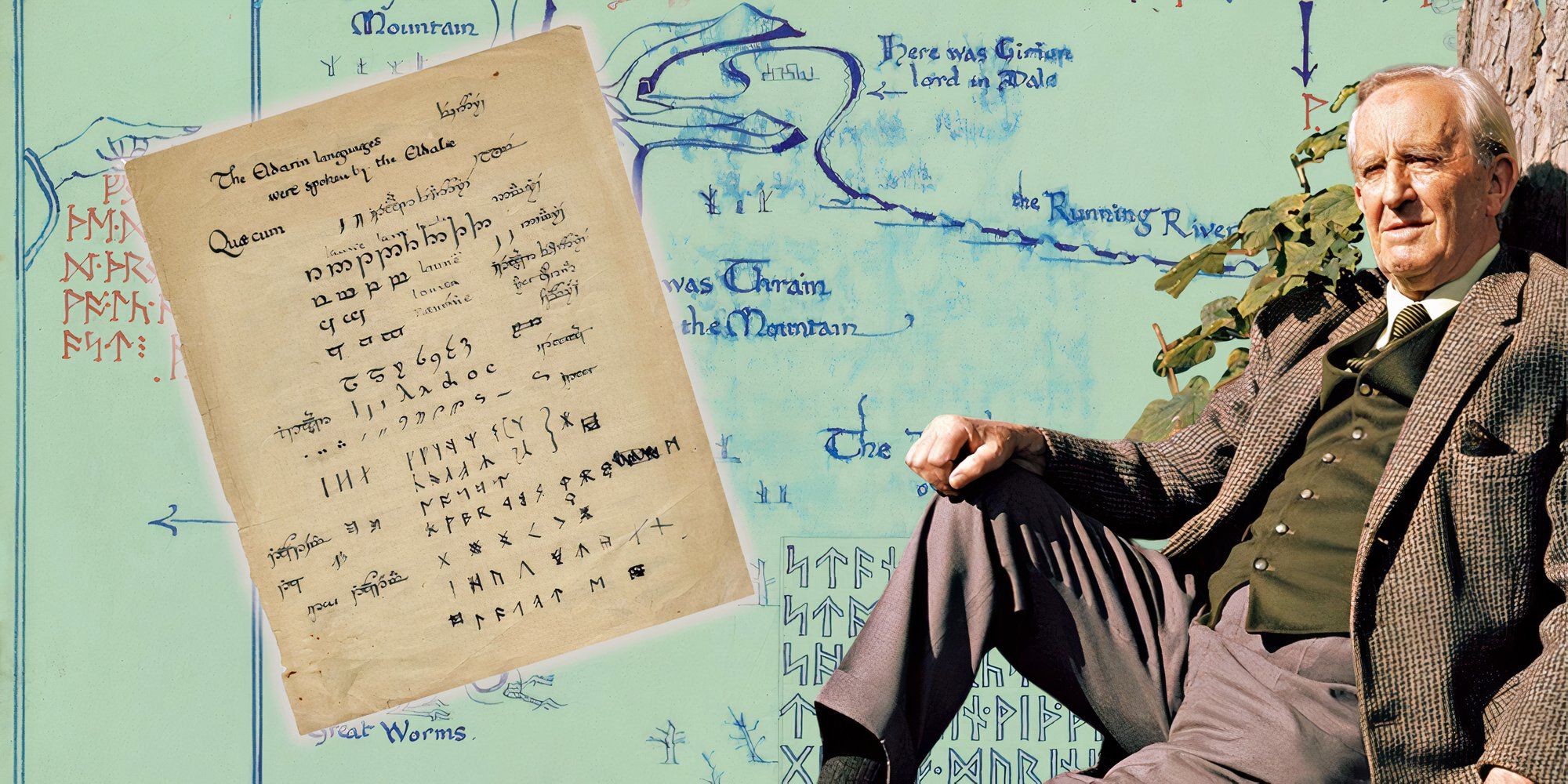 J R R Tolkien leaning against a tree over a collage of Thror's Map from The Hobbit and one of his notebook pages with Elvish scripts