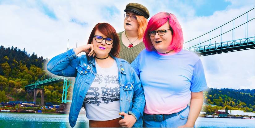 Kara Buchanan and the other members of the Crystal Furs, superimposed over the St John's Bridge in Portland, Oregon