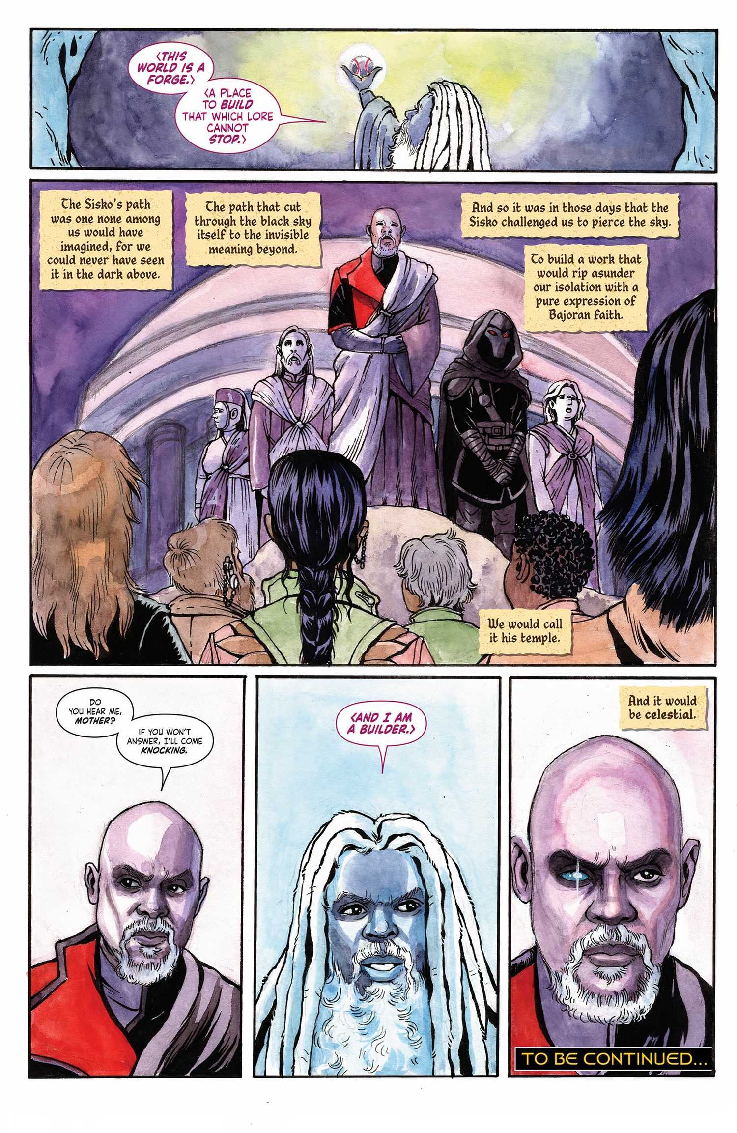 Five panels of Captain Sisko addressing prehistoric Bajorans