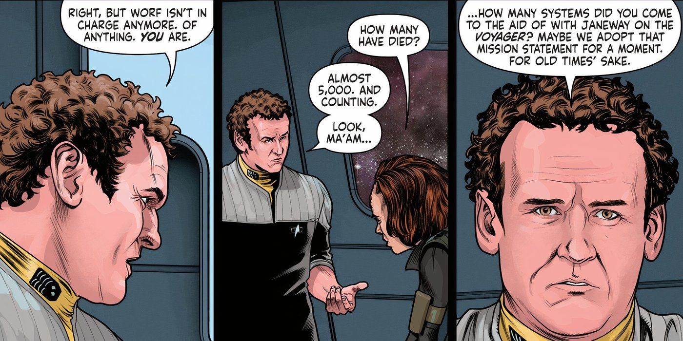 Three panels of Chief O&rsquo;Brien talking to B&rsquo;Elanna Torres