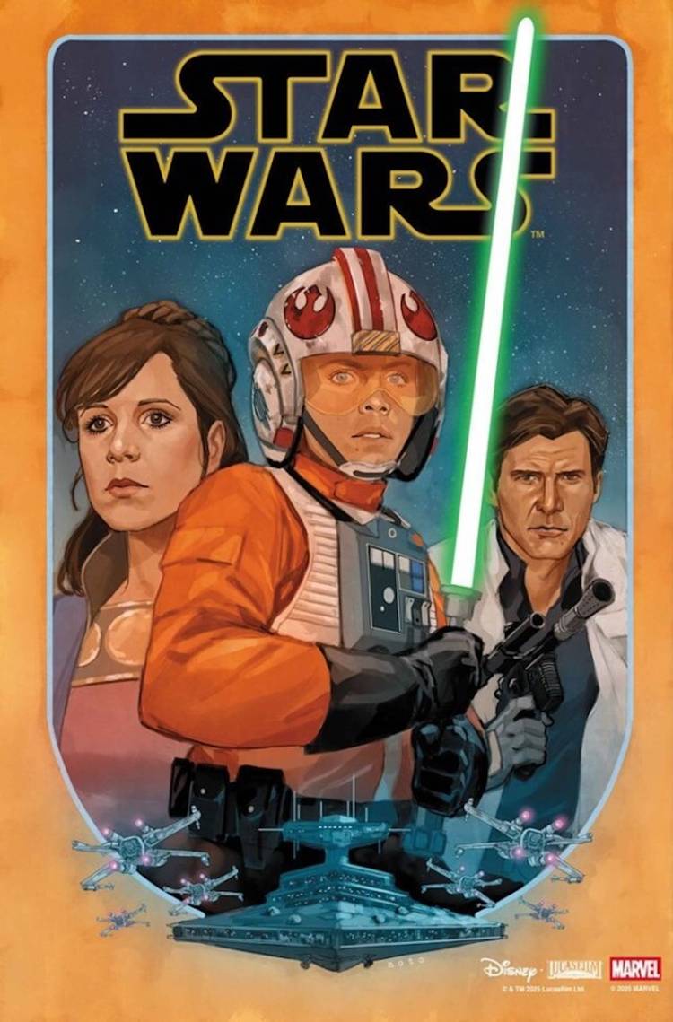 Comic book cover: Leia Organa, Luke Skywalker, and Han Solo pose together.