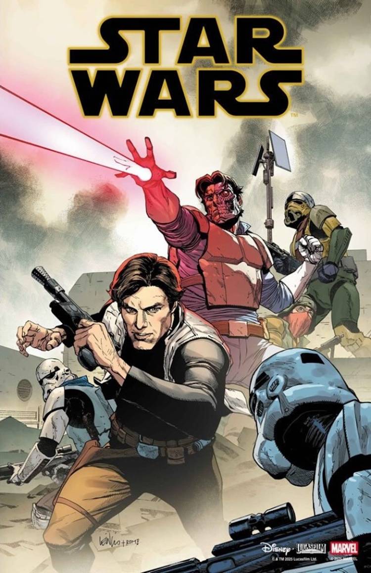 Comic book cover: Han Solo in a battlefield.