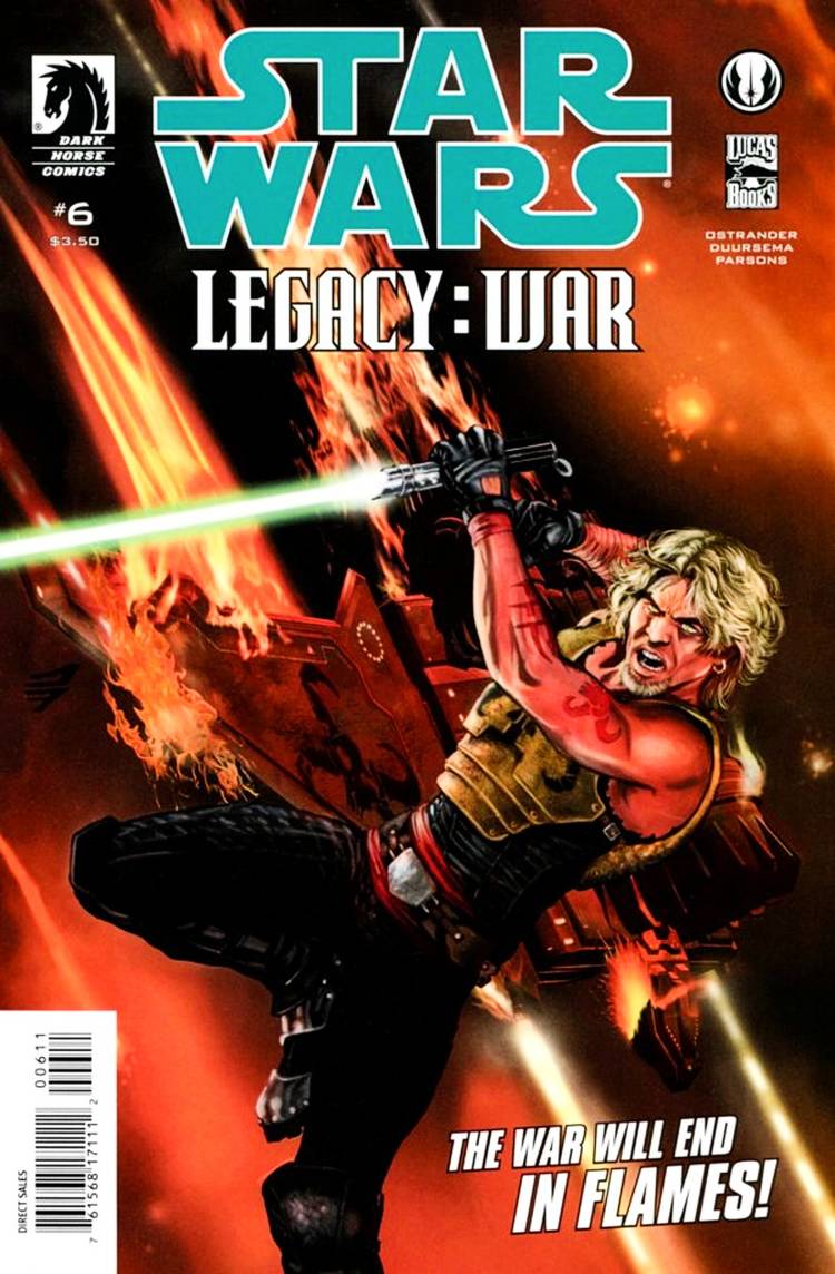 Star Wars Legacy War #6, Cade Skywalker in battle, surrounded by flames