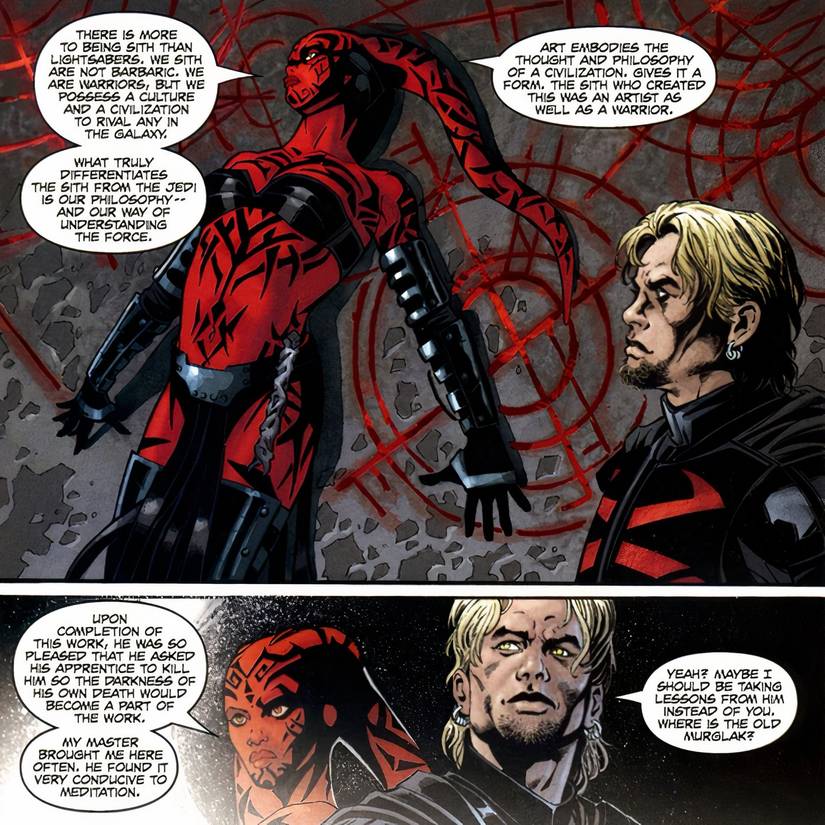 Star Wars Legacy's Darth Talon trying to convince Cade Skywalker to become a Sith.