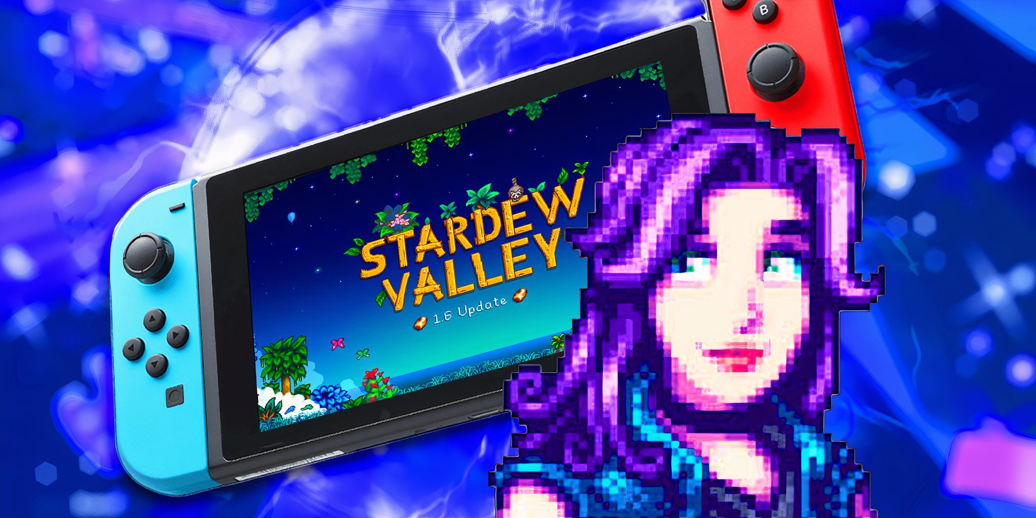 Stardew Valley's Abigail with a Nintendo Switch in the back.