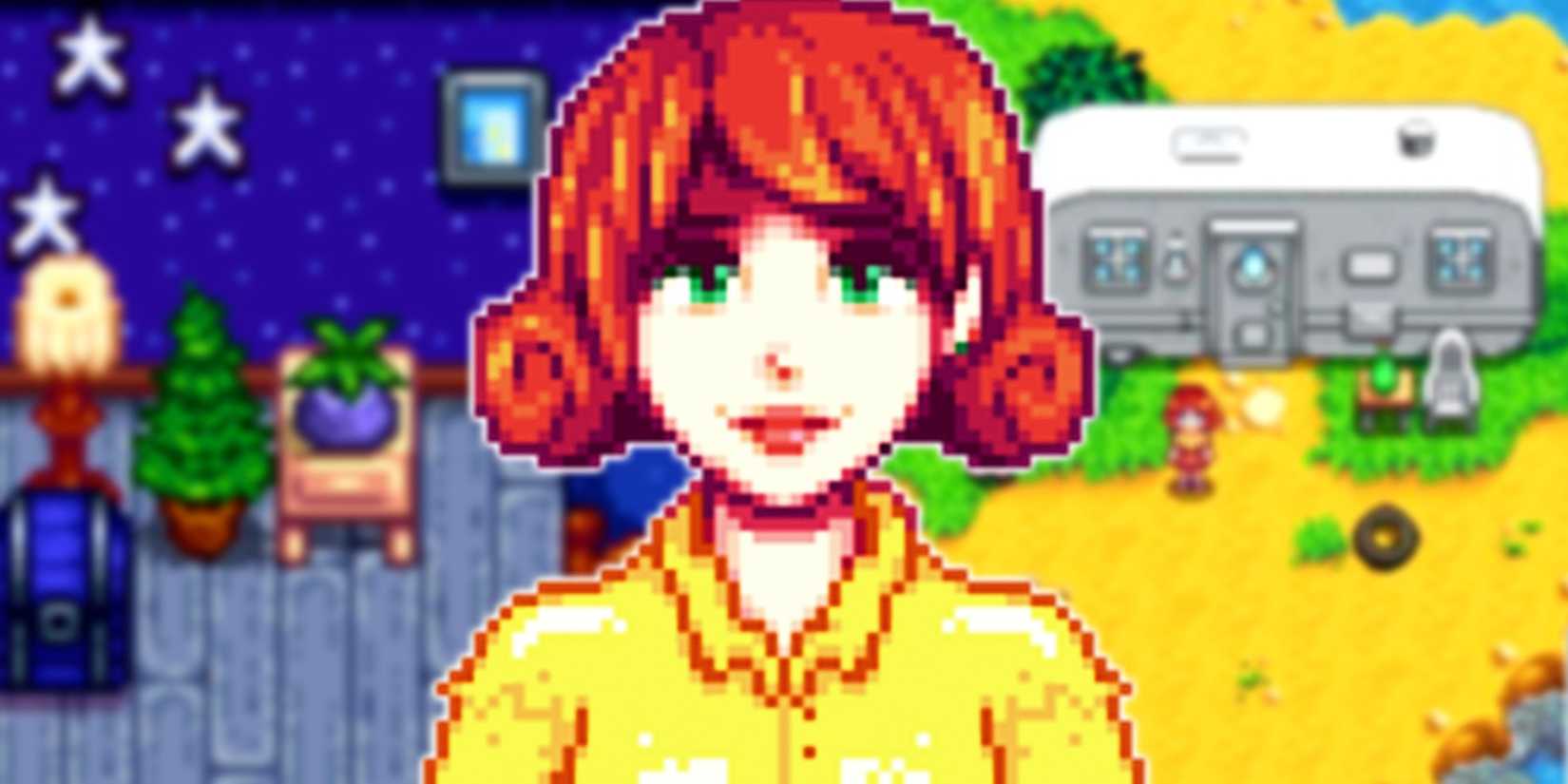 Stardew Valley Penny with her bedroom and trailer behind her-1