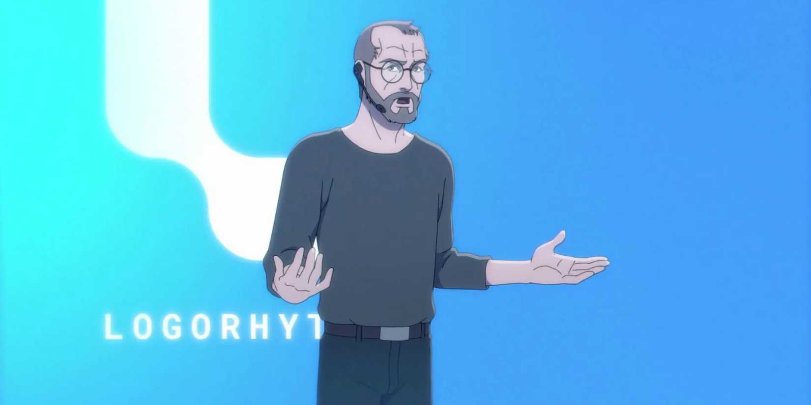 Stephen Holstrom giving a speech in front of the Logorhythms logo in Pantheon