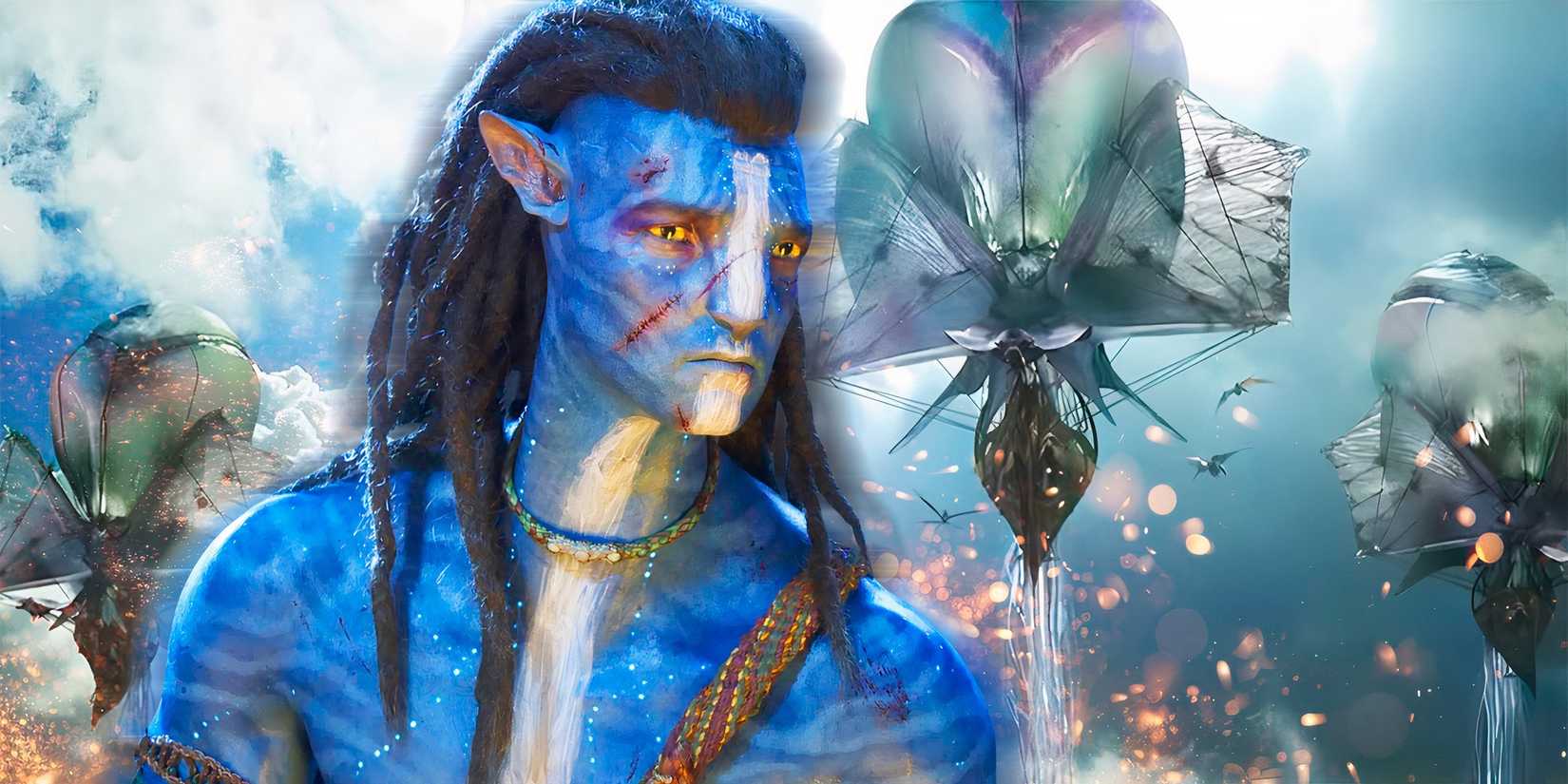 Jake Sully on a background of the Wind Traders in Avatar: Fire & Ash
