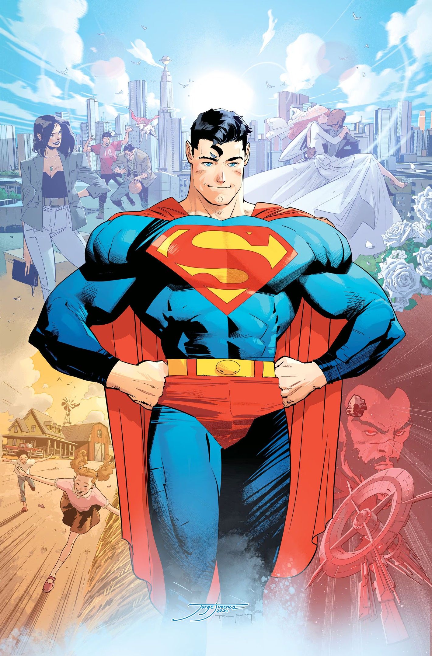 Summer of Superman Special # 1, o Homem de Aço com as mãos nos quadris em frente ao horizonte de Metrópolis