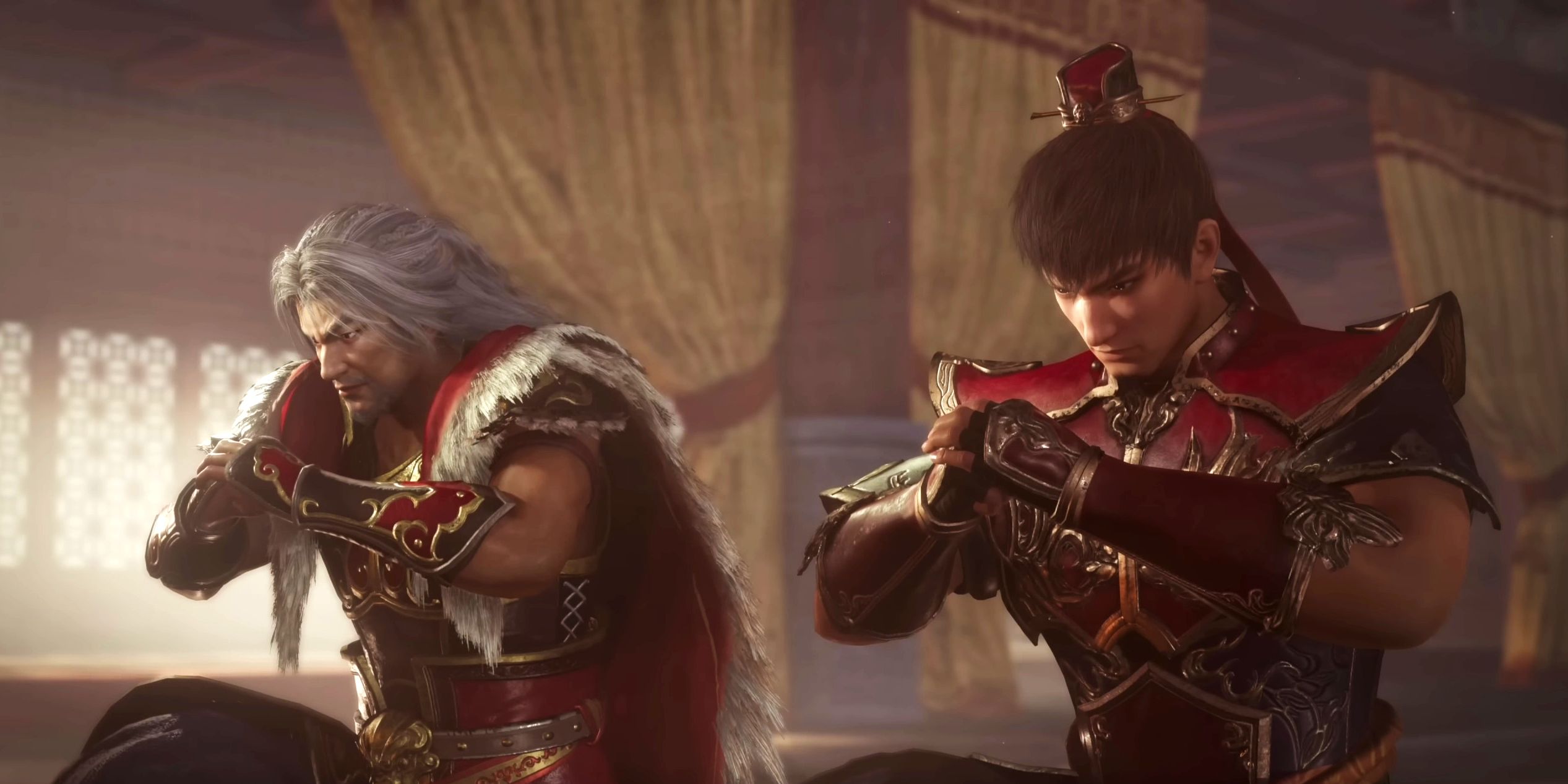 Sun Jian and Sun Ce kneel before the emperor, hands clasped in a gesture of loyalty, in a screenshot from Dynasty Warriors Origins.