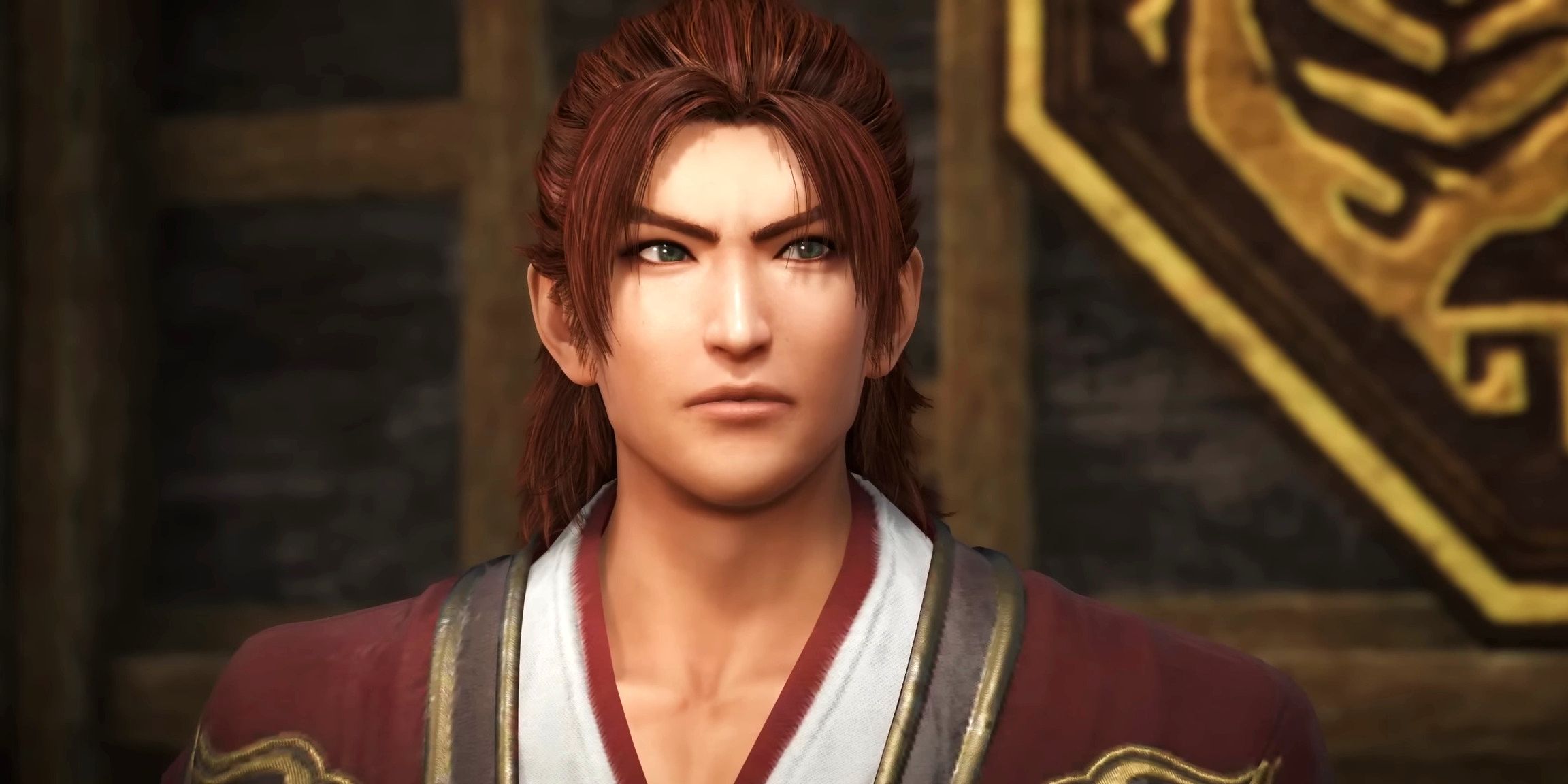 Sun Quan shows a confident expression in his conference room in a screenshot from Dynasty Warriors Origins.