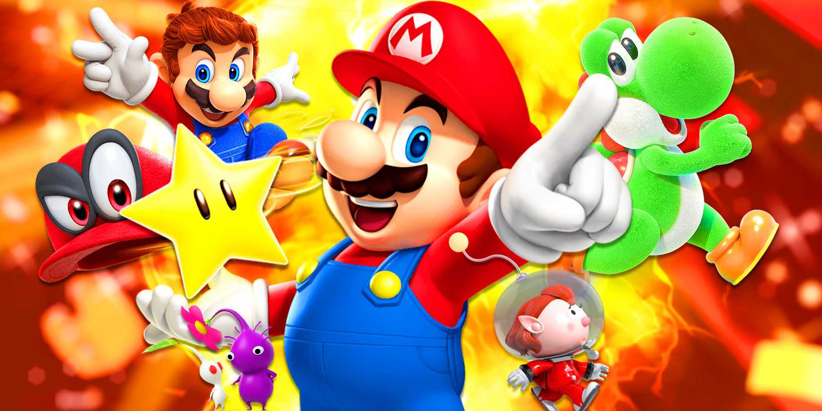 Mario from Super Mario Party Jamboree and Mario Odyssey with characters from Pikmin 4 and Yoshi's Crafted World.