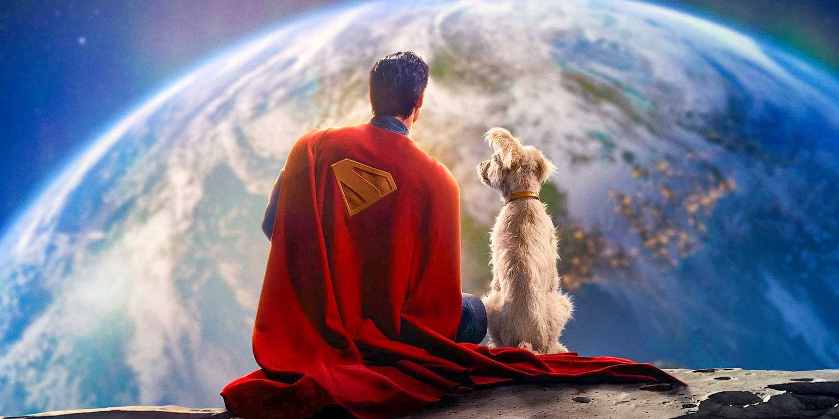 Superman and Krypto sitting on the moon, looking at Earth in Superman (2025)