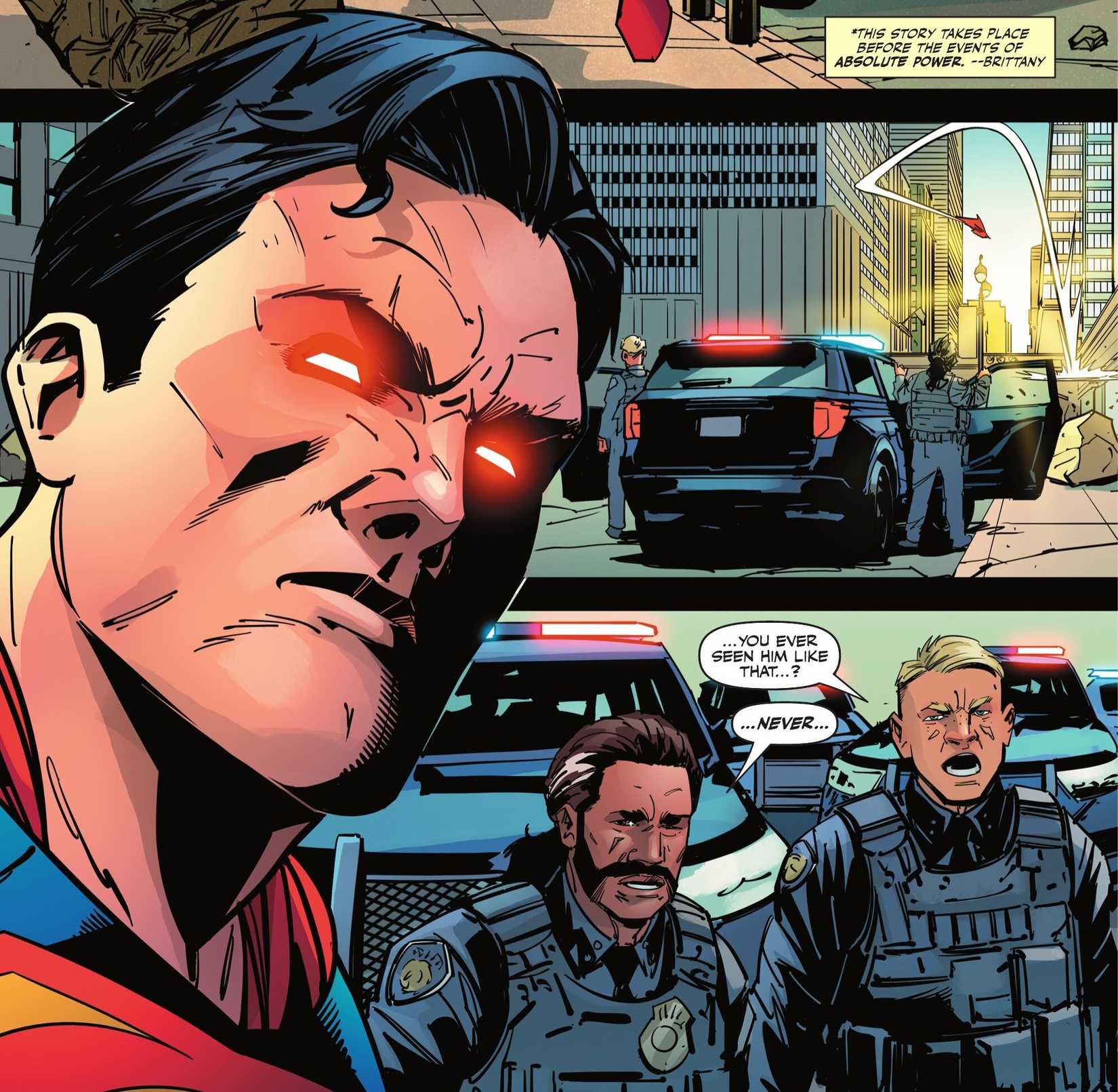 Comic book panels: Superman looks angry in front of Metropolis police.