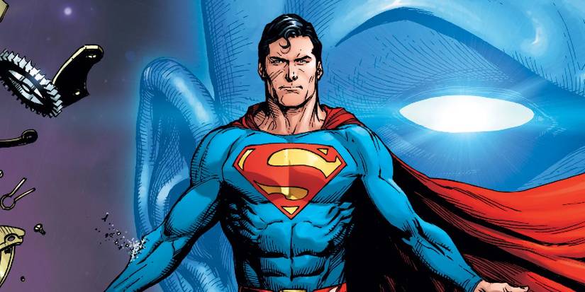 Superman floats against a starry background which also features a part of Doctor Manhattan's face