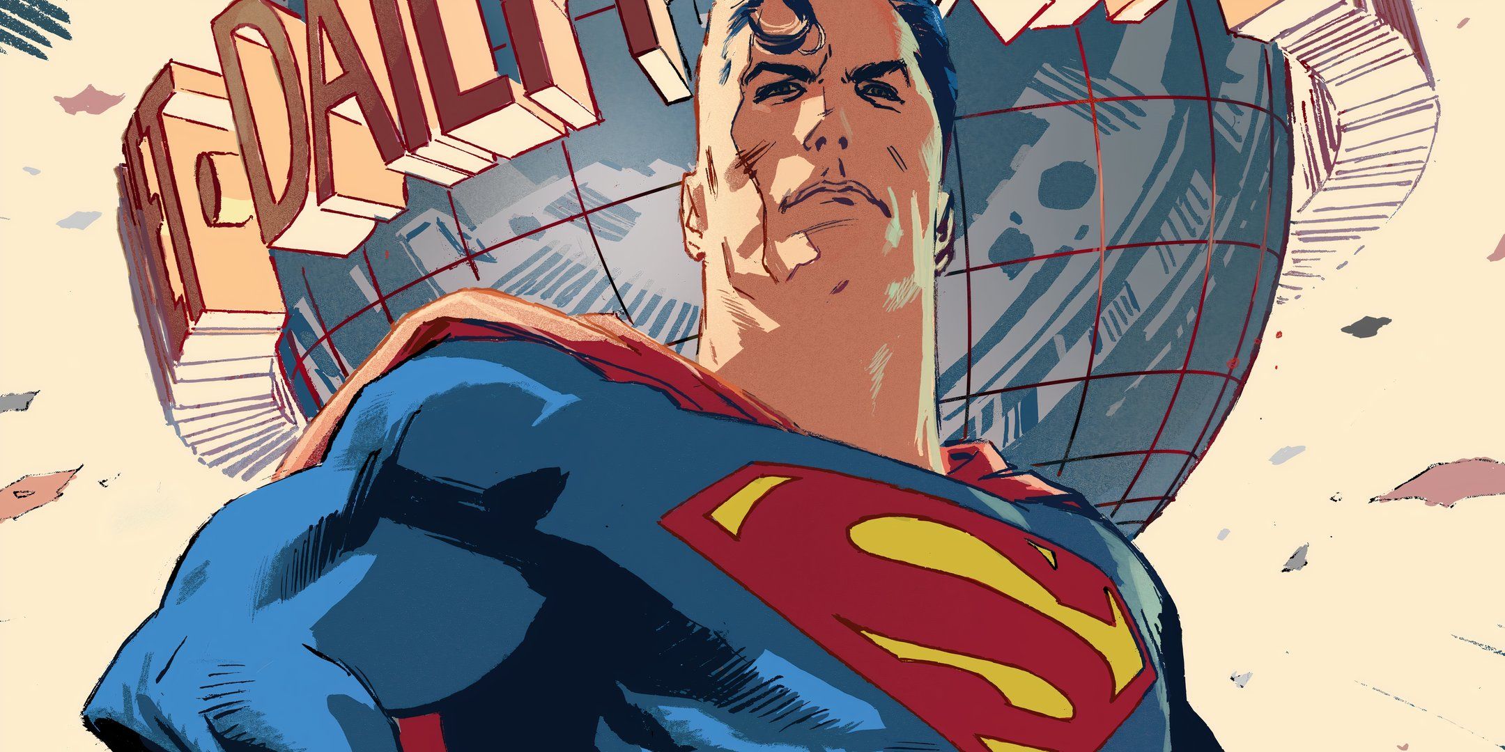 Comic art: Superman looks confident with the Daily Planet logo behind him