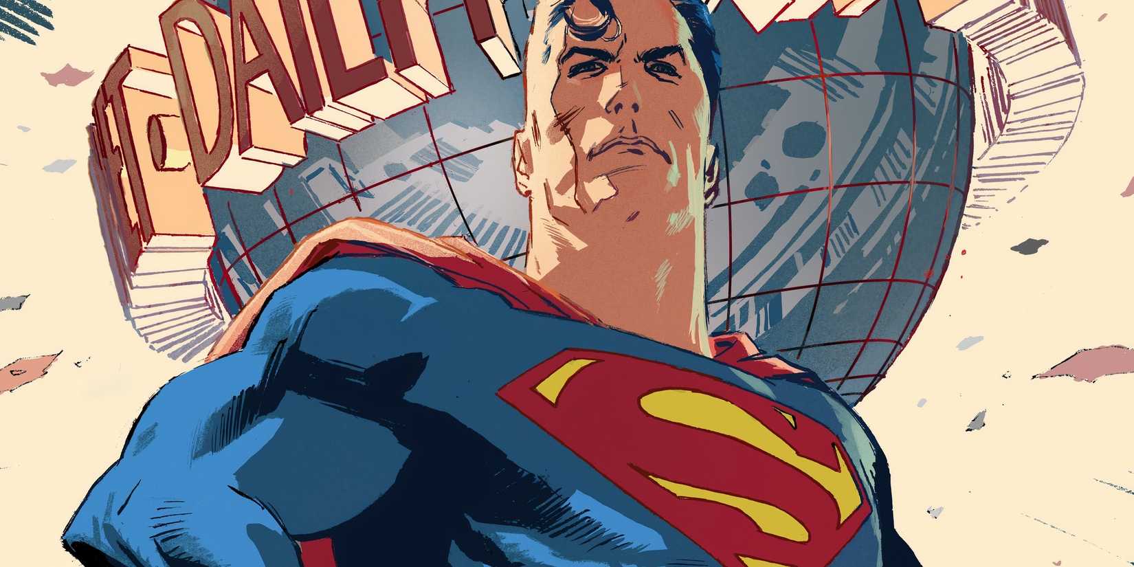 Comic book art: Superman Looking Confident with the Daily Planet Logo Behind Him
