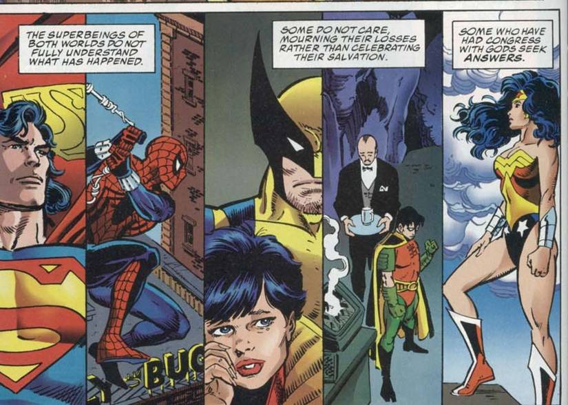 Comic book panels: Superman Spider-Man Wolverine and Wonder Woman return to their universes as Tim Drake Robin and Jubilee mourn their love lost in Marvel Versus DC #4
