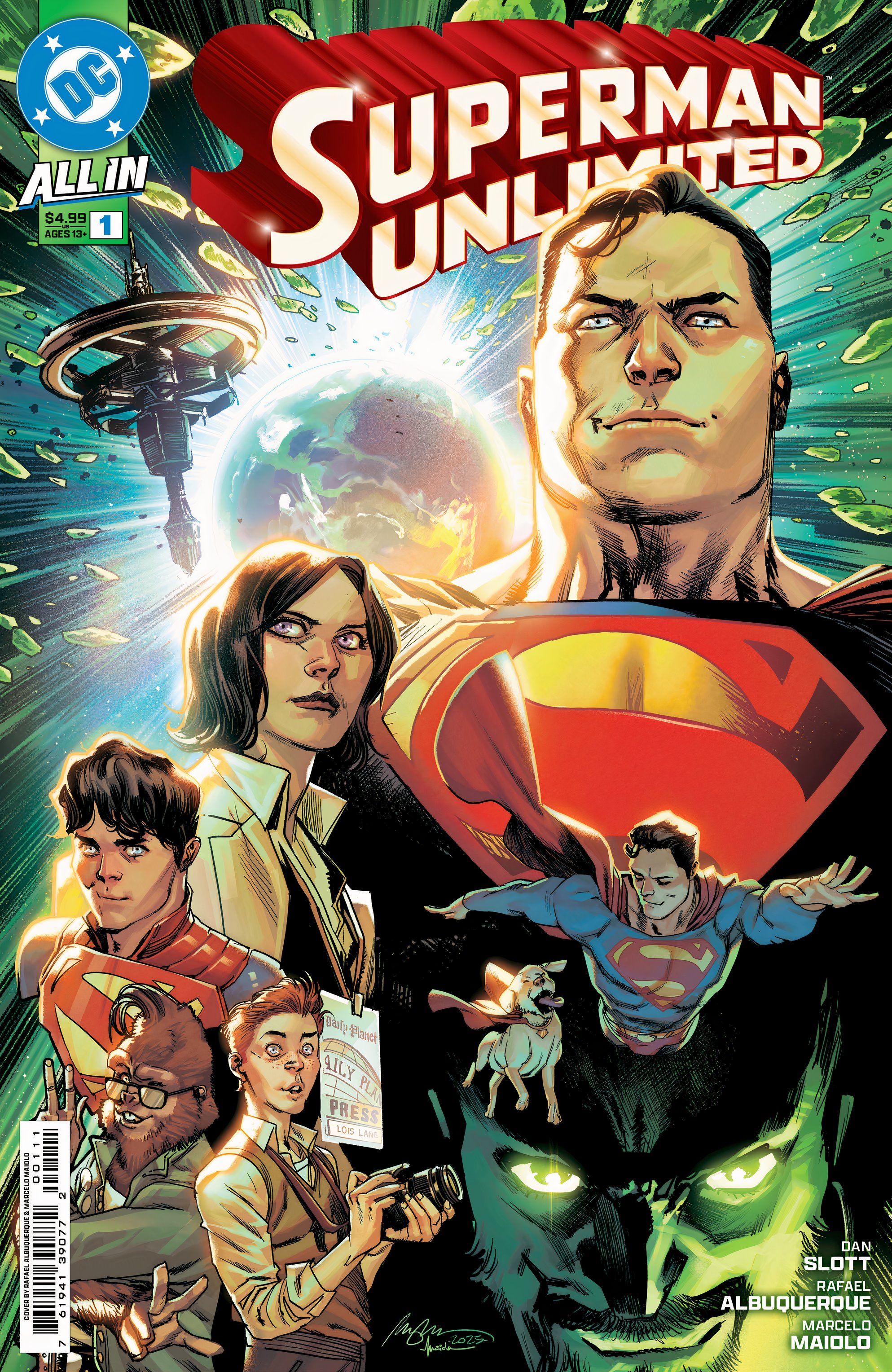 Portada de Superman Unlimited explotando Kryponite y Superman Cast DC