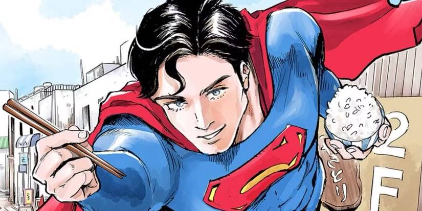 Comic book art: Superman flies while eating rice.