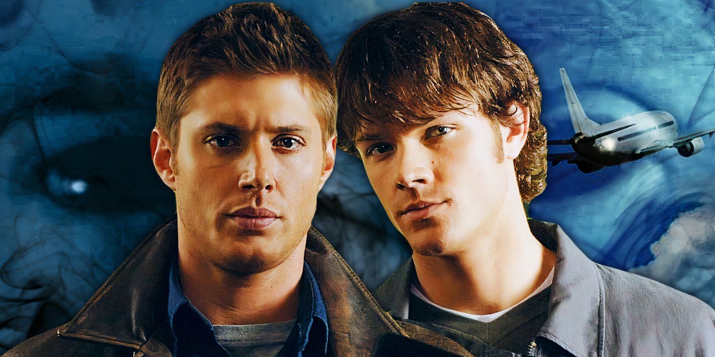 Dean and Sam Winchester in front of a blue background containing black smoke, an eye, and a plane