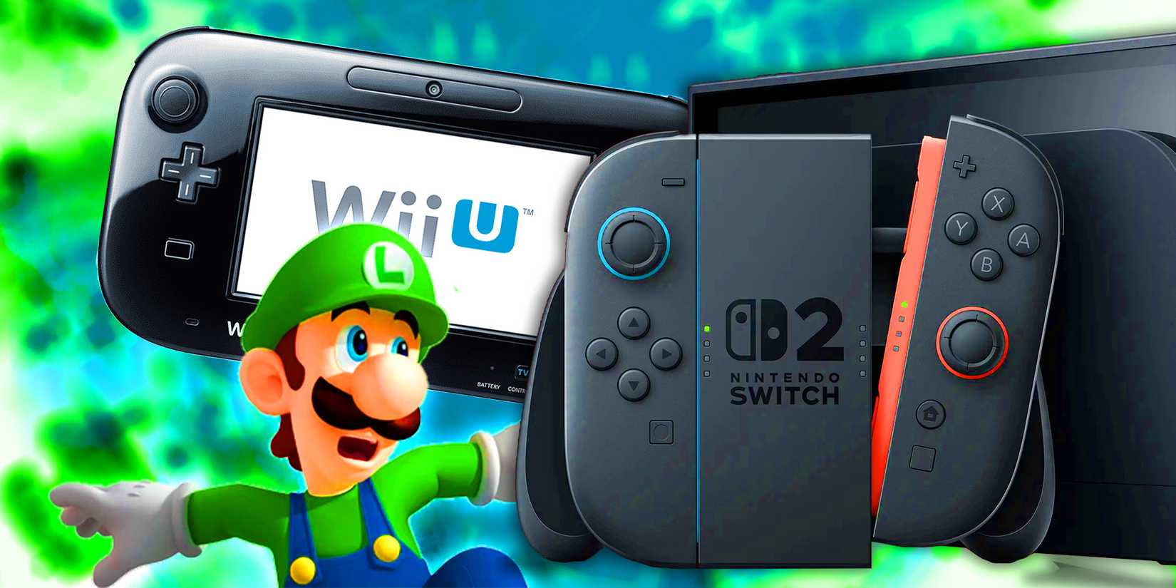 Switch 2 and Wii U with scared Luigi.