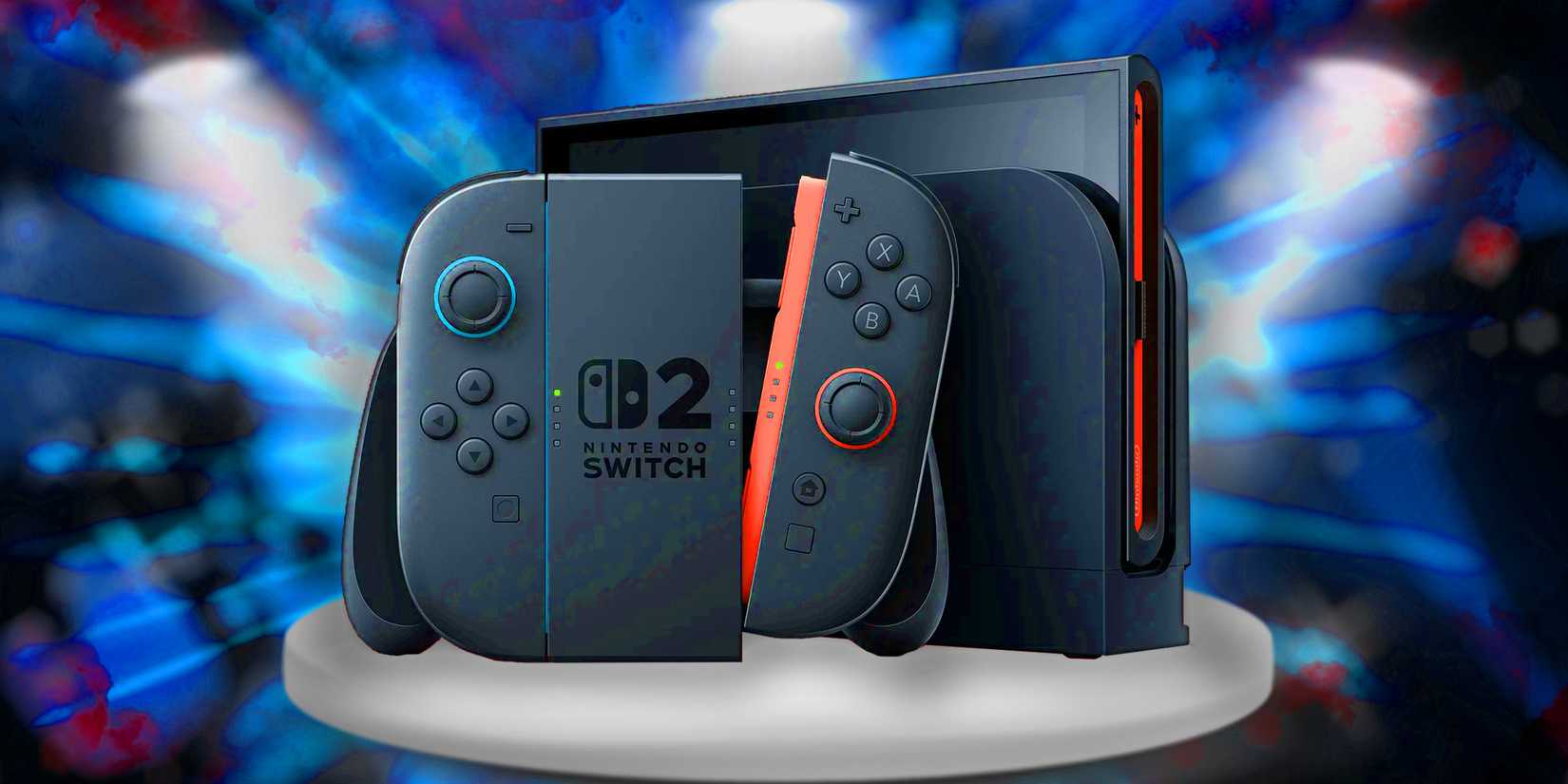 The Switch 2 console sits under a bright spotlight.