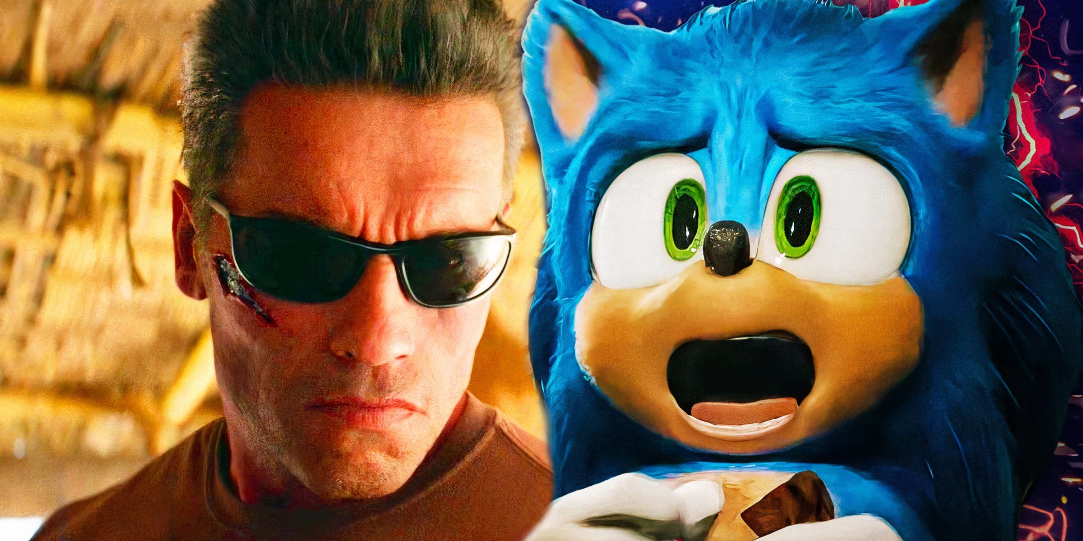 T-800 wearing sunglasses looking serious in Terminator Dark Fate next to Sonic screaming in Sonic the Hedgehog