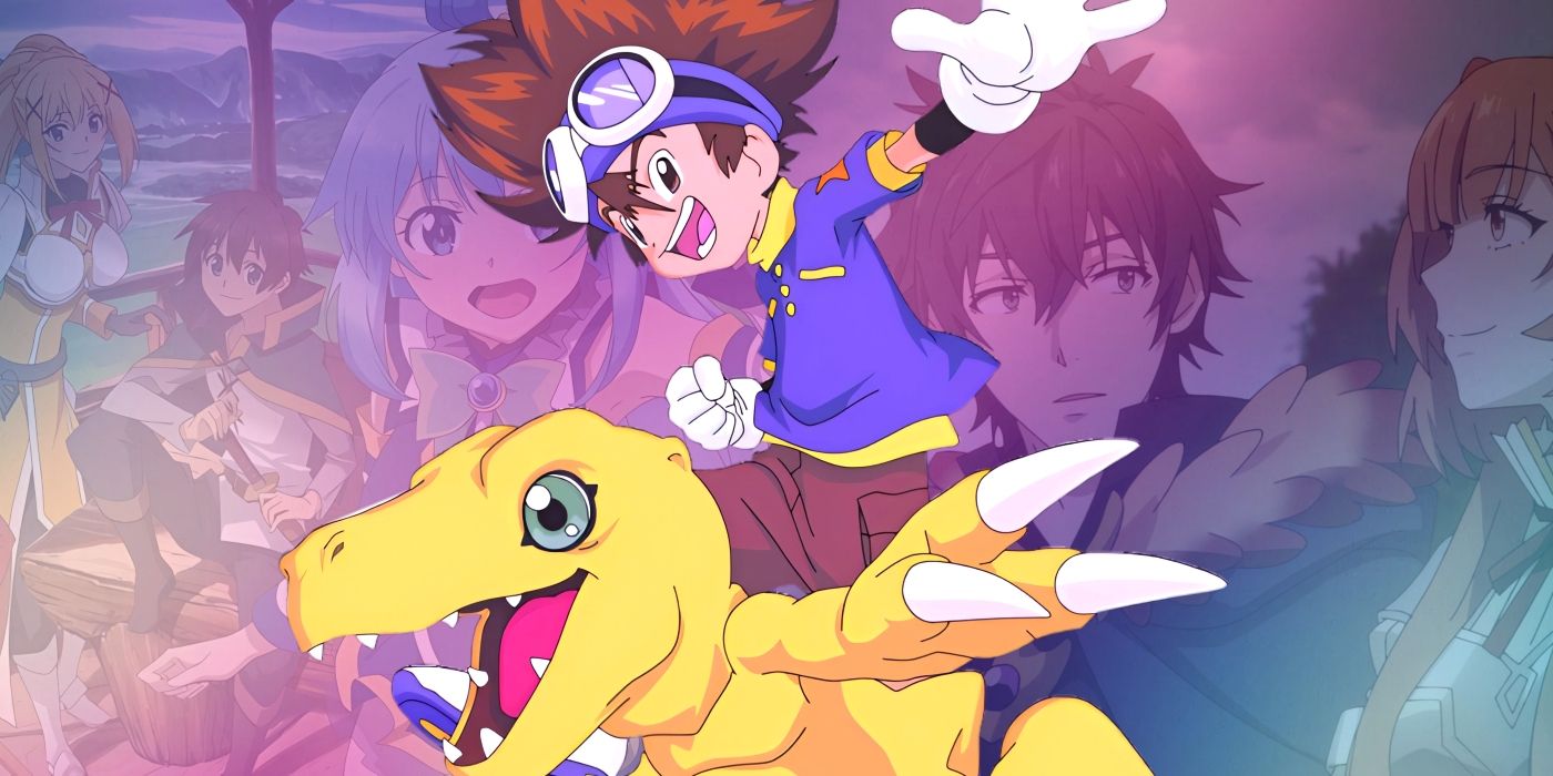 Tai and Agumon running together while the kid looks at the camera. Behind them, images from Konosuba and Shield Hero can be seen.